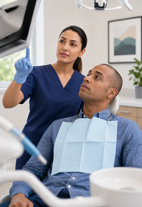 man in dental chair looking at monitor